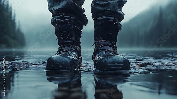 Fototapeta Floating tactical survival suit with rugged boots and reinforced joints clean composition cinematic lighting 