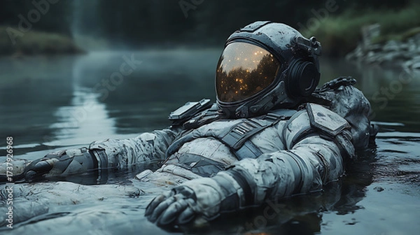 Fototapeta Floating tactical survival suit with rugged boots and reinforced joints clean composition cinematic lighting 
