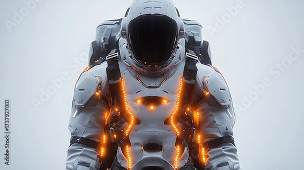 Fototapeta Floating survival armor set with padded joints and glowing alert signals cinematic composition white background 
