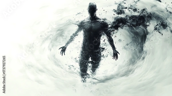 Fototapeta Floating full-body suit surrounded by swirling digital debris symbolizing catastrophe survival sharp focus white background 