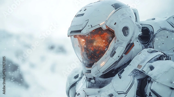 Fototapeta Floating disaster suit equipped with anti-toxic layers and air filter modules against a bright white scene 