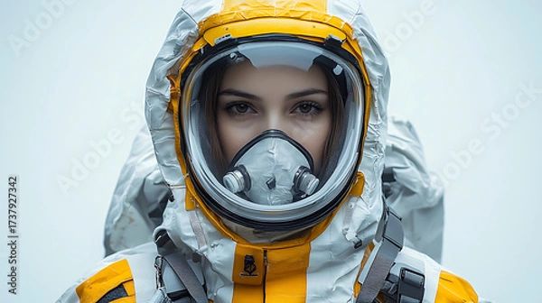 Fototapeta Floating disaster suit equipped with anti-toxic layers and air filter modules against a bright white scene 