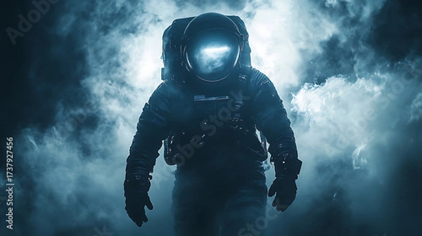Fototapeta Disaster-resilient floatation suit glowing subtly under cinematic lights levitating with no background distractions 