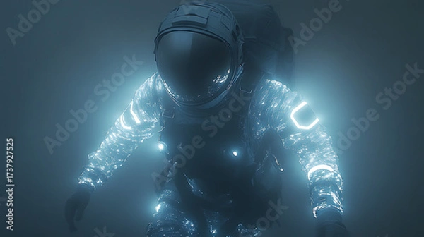 Fototapeta Disaster-resilient floatation suit glowing subtly under cinematic lights levitating with no background distractions 