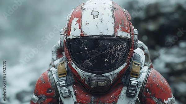 Fototapeta Close-up on detailed helmet of floating survival suit with cracked lenses symbolizing past battles clean backdrop 