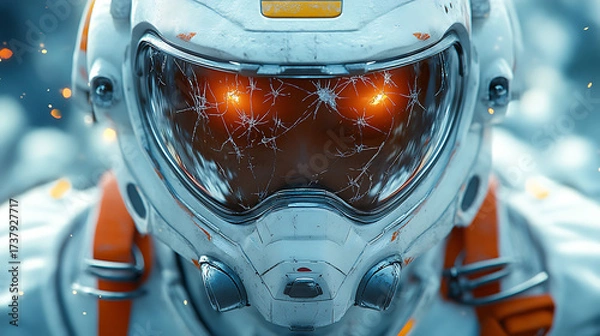 Fototapeta Close-up on detailed helmet of floating survival suit with cracked lenses symbolizing past battles clean backdrop 