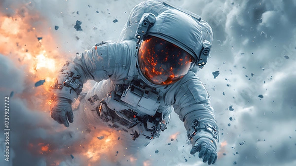 Fototapeta Close-up of futuristic survival suit floating in mid-air surrounded by digital storm fragments white background sharp textures 