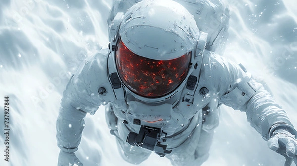 Fototapeta Close-up of futuristic survival suit floating in mid-air surrounded by digital storm fragments white background sharp textures 