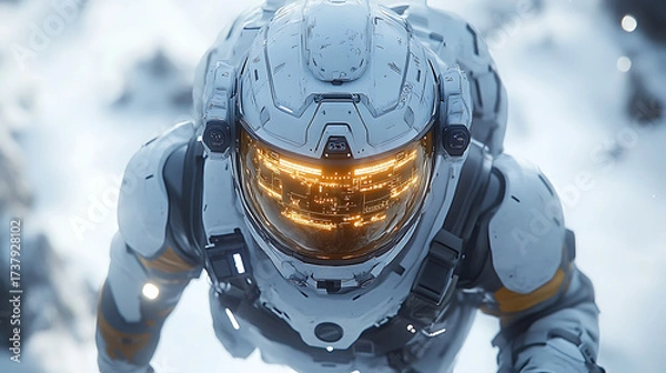 Fototapeta Cinematic frame of high-detail floating exosuit equipped with survival HUD interface glowing under white light 