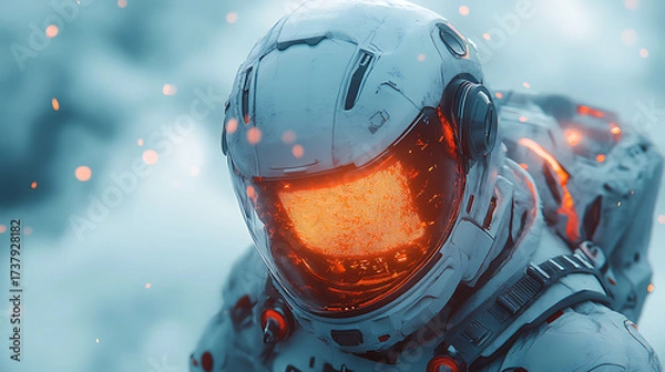 Fototapeta Cinematic frame of high-detail floating exosuit equipped with survival HUD interface glowing under white light 