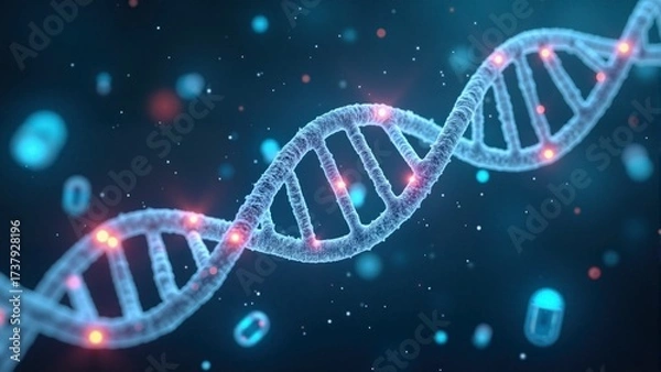 Fototapeta Digital visualization of DNA double helix with glowing genetic markers on a blue science background
