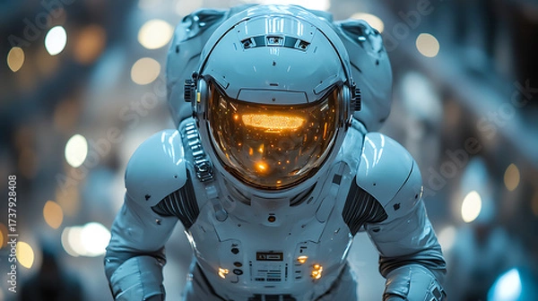 Fototapeta Bright shot of disaster suit with reflective visor and flexible armor hovering in a minimalistic space 