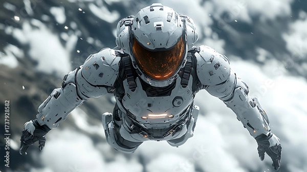 Fototapeta Bright 8K photo of floating combat-ready suit with minimal background highlighting armor’s texture and design 