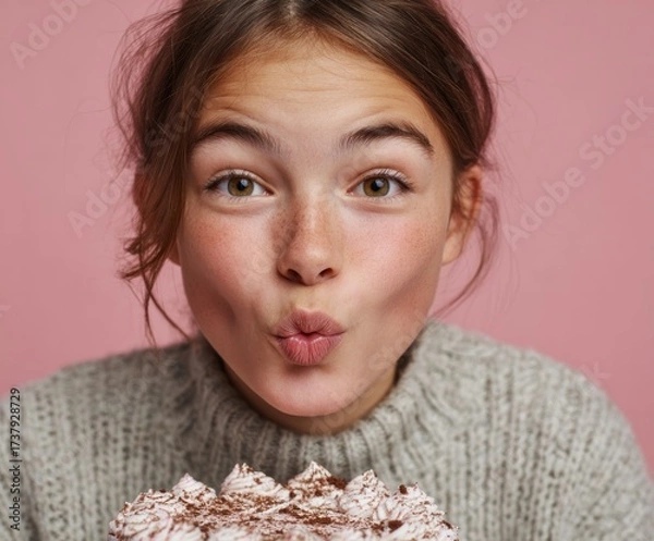 Fototapeta A young person with a cheerful expression, blowing out candles on a chocolate cake, against a pink background.