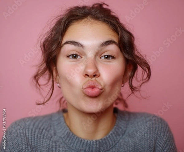 Fototapeta A young woman with a playful expression, light pink blush, and a soft gray sweater, against a vibrant pink backdrop, creates a cheerful and engaging portrait.