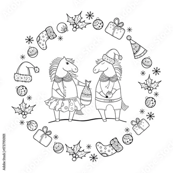 Fototapeta Greeting card with outline two cute horses and New Year symbols in black isolated on white background. 