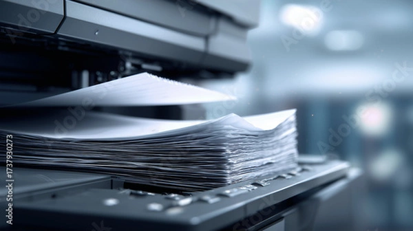 Fototapeta Close-up of printer stacking printed documents.