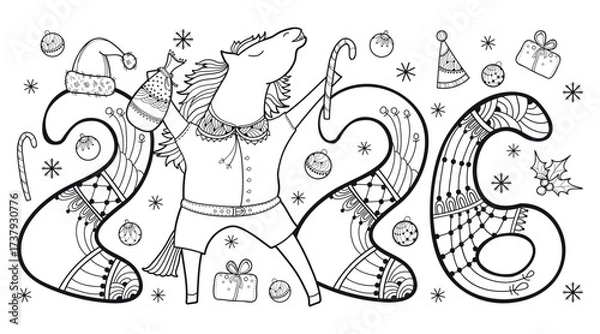 Fototapeta Composition with outline cute horse and New Year symbols in black isolated on white background.