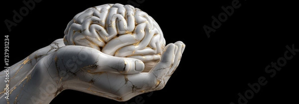 Obraz Closeup of the hands of a classical statue holding a marble human brain with golden veins. Isolated on black background, copy space. Blank wide banner for mental health, creative ideas. Generative Ai.