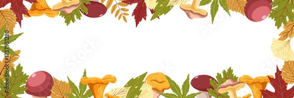 Fototapeta Autumn Leaves and Mushrooms Frame. Fall Leaves Rectangle Frame. Autumn Banner. Botanical Vector Flat Illustrations