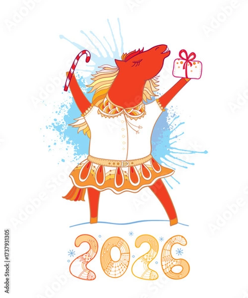 Fototapeta Greeting card with outline cute red horse and Christmas symbols isolated on white background. 