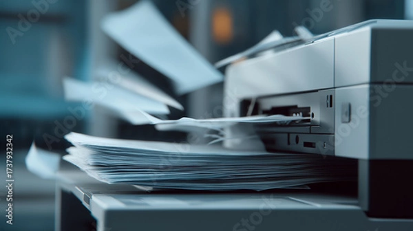 Fototapeta Printer ejecting sheets of paper in modern office.
