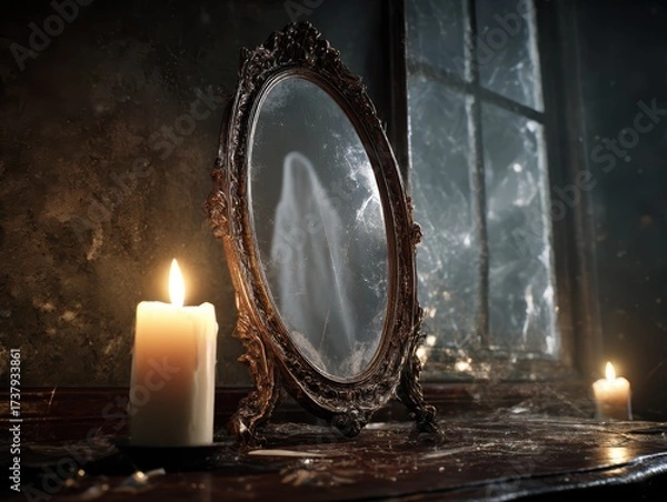Fototapeta Old Mirror with Ghostly Reflection in Candlelight - Spooky Haunted Horror Scene