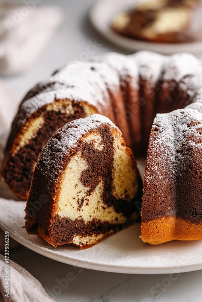 Obraz Angled view of a sliced Czech babovka cake, showing its marbled chocolate and vanilla pattern, dusted with powdered sugar and served on a white plate, placed on a light kitchen background.

