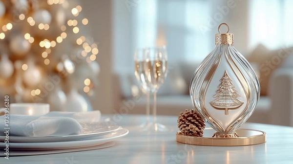 Obraz Elegant Christmas table setting with golden ornament, pine cone and sparkling bokeh lights, festive holiday decoration