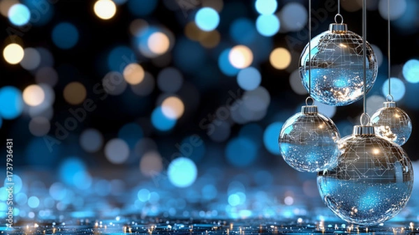 Obraz Luxurious glass baubles with glitter inside, hanging on shiny strings, glowing against festive holiday bokeh background.
