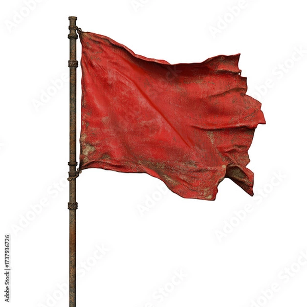 Fototapeta A tattered red flag waves atop a weathered pole, isolated on transparent background, symbolizing resilience and defiance against adversity in a desolate landscape