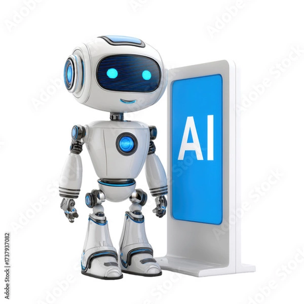 Obraz Friendly AI Robot with Digital Interface on Transparent Background