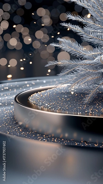 Obraz Abstract New Year scene with sparkling details, bright bokeh, silver Christmas tree and elegant platform in cool tones. Shine, magic, festive atmosphere.