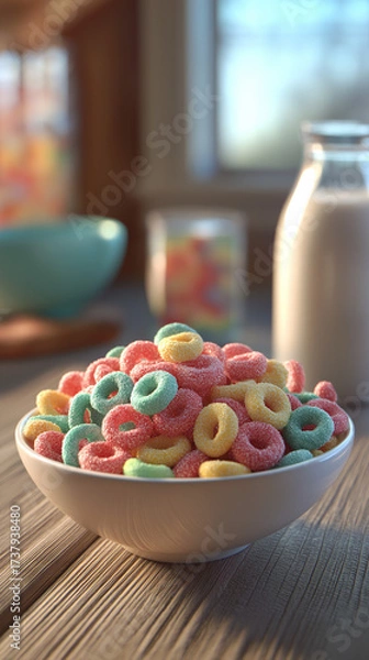 Obraz Generate a real-style photograph of a bowl of Frootloops colored cereal on a wooden table. The photograph should convey the morning breakfast in the kitchen