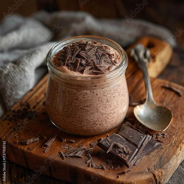 Obraz Keto cottage cheese chocolate mousse in a glass jar with dark chocolate shavings, rustic wooden background
