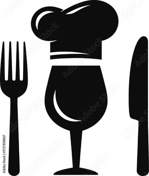 Fototapeta Chef hat wine glass and utensils silhouette icon