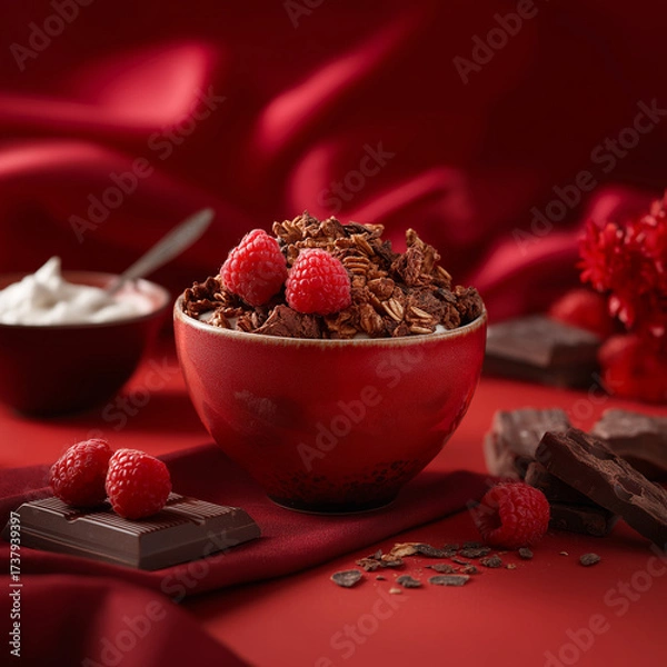Obraz a red bowl of chocolate granola beautifully styled on a red clean sweep. Theres a bowl of yogurt and rasberries off to side