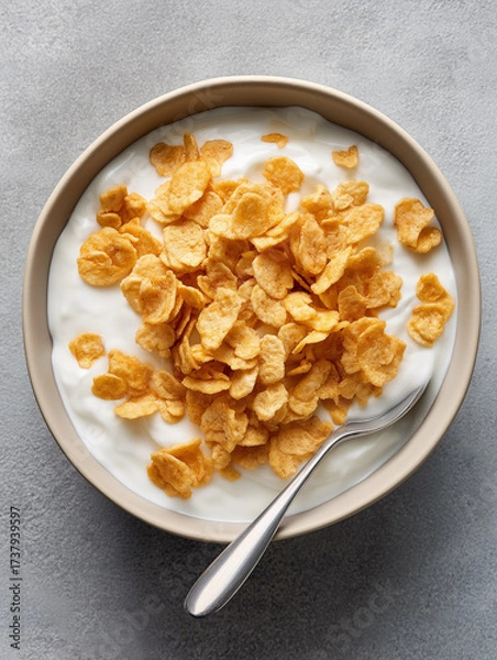 Obraz a top shot of a bowl of bran flakes, medium brown color of flakes on top of yogurt in a bowl