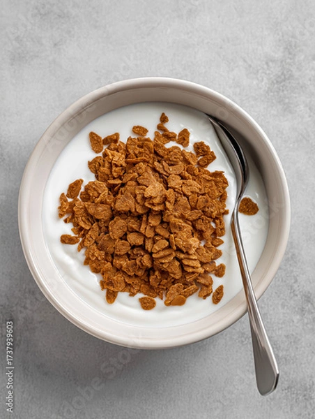 Obraz a top shot of a bowl of bran flakes, medium brown color of flakes on top of yogurt in a bowl