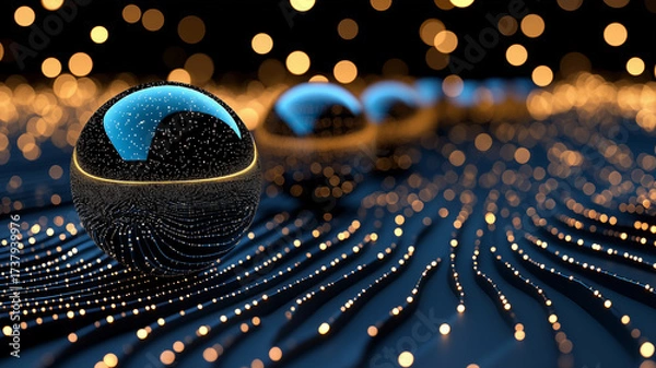 Obraz Elegant glass Christmas baubles with glowing blue lights on sparkling bokeh background, festive holiday decoration concept.