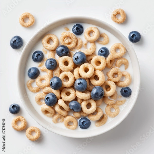 Obraz Top-down view of a white ceramic bowl with a small portion of dark chocolate cereal rings (Oreo-style texture), mostly submerged in fresh milk. Generous milk quantity, minimal cereal floating on top. 