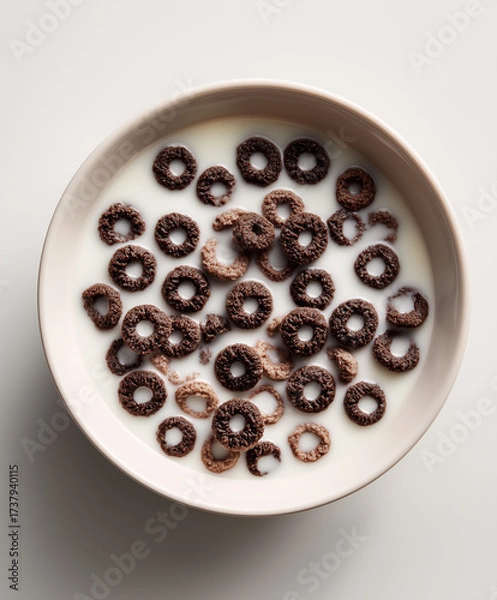 Obraz Top-down view of a white ceramic bowl with a small portion of dark chocolate cereal rings (Oreo-style texture), mostly submerged in fresh milk. Generous milk quantity, minimal cereal floating on top. 