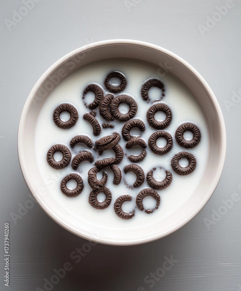 Obraz Top-down view of a white ceramic bowl with a small portion of dark chocolate cereal rings (Oreo-style texture), mostly submerged in fresh milk. Generous milk quantity, minimal cereal floating on top. 