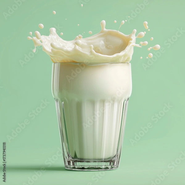 Obraz A clear thick fluted glass of plant-based milk splashing slightly over the rim, isolated on a bright pastel green background, soft studio lighting, highly detailed textures on the glass, creamy smooth