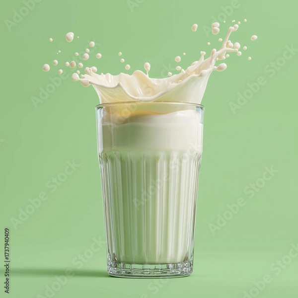 Obraz A clear thick fluted glass of plant-based milk splashing slightly over the rim, isolated on a bright pastel green background, soft studio lighting, highly detailed textures on the glass, creamy smooth