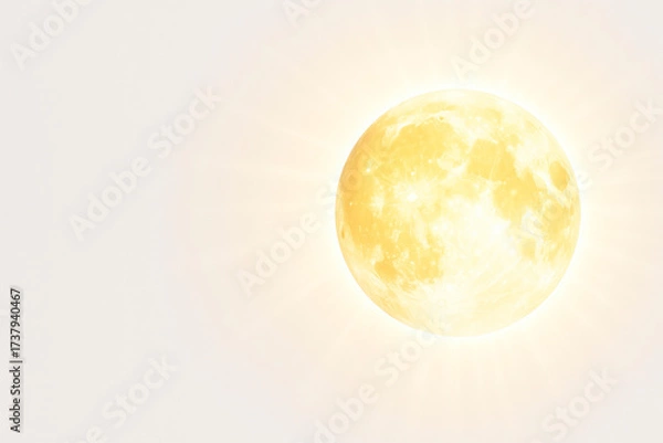 Fototapeta The golden moon shines like the sun on a light background. Space for text.