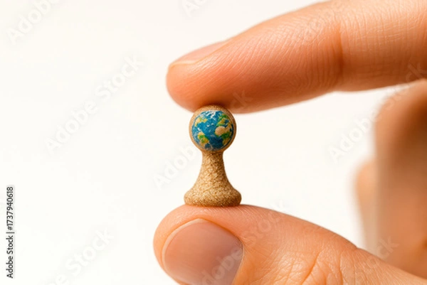 Fototapeta A miniature figurine with a globe between the fingers. Space for text.