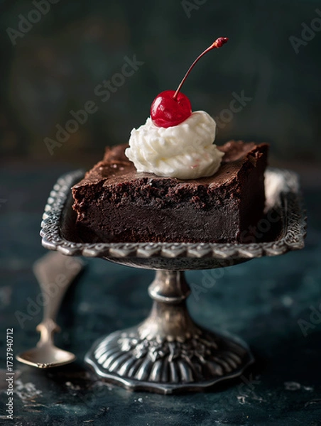 Obraz A refined studio food photography shot featuring a decadent chocolate brownie elegantly placed in a silver dessert dish. The brownie is styled with a dollop of whipped cream and topped with a glossy r