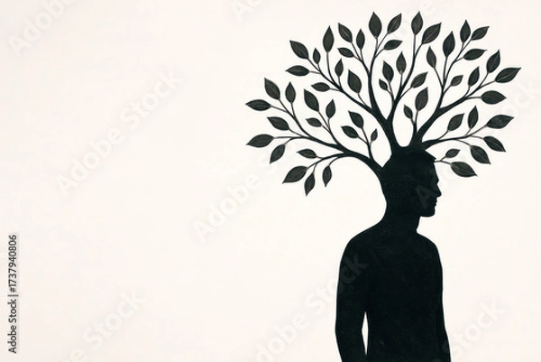 Fototapeta The silhouette of a man with a tree instead of a head. Space for text.