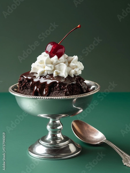 Obraz A refined studio food photography shot featuring a decadent chocolate brownie elegantly placed in a silver dessert dish. The brownie is styled with a dollop of whipped cream and topped with a glossy r